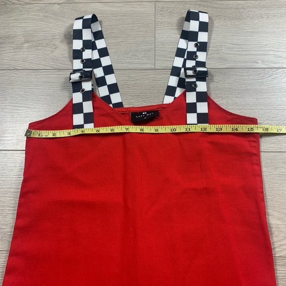 Lazy Oaf Checkered Buckle-Strap Pinafore Red Mini Dress - Picture 12 of 15